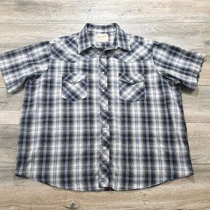 Wrangler Mens 2XL Short Sleeve Shirt Black Plaid Pearl Snap Work Cowboy MEASURE